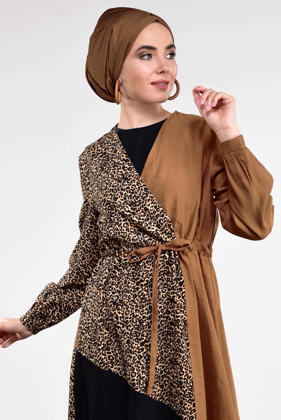Tesettür giyim TABA UZUN LEOPAR DETAYLI TUNİK 44491