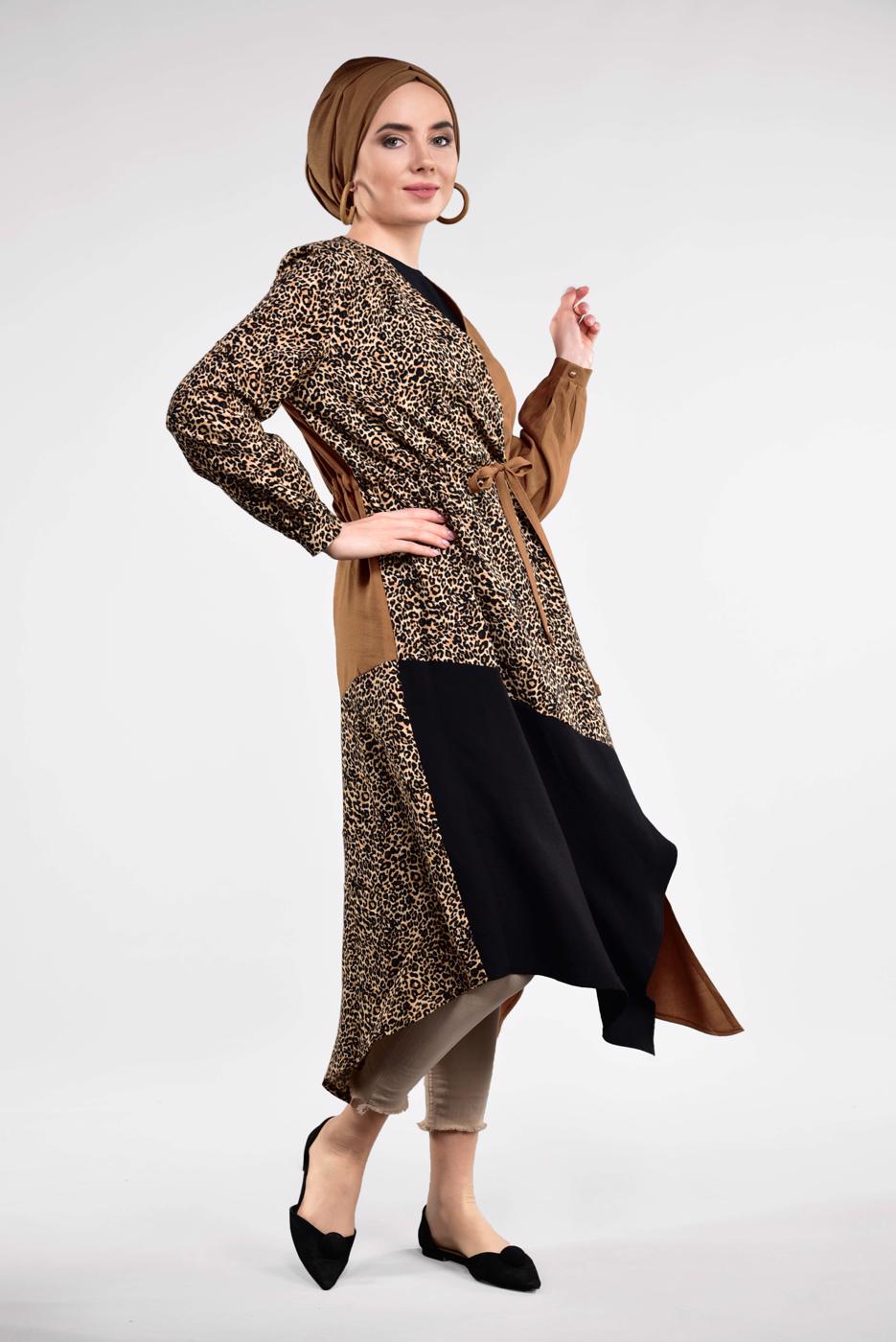 Tesettür giyim TABA UZUN LEOPAR DETAYLI TUNİK 44491