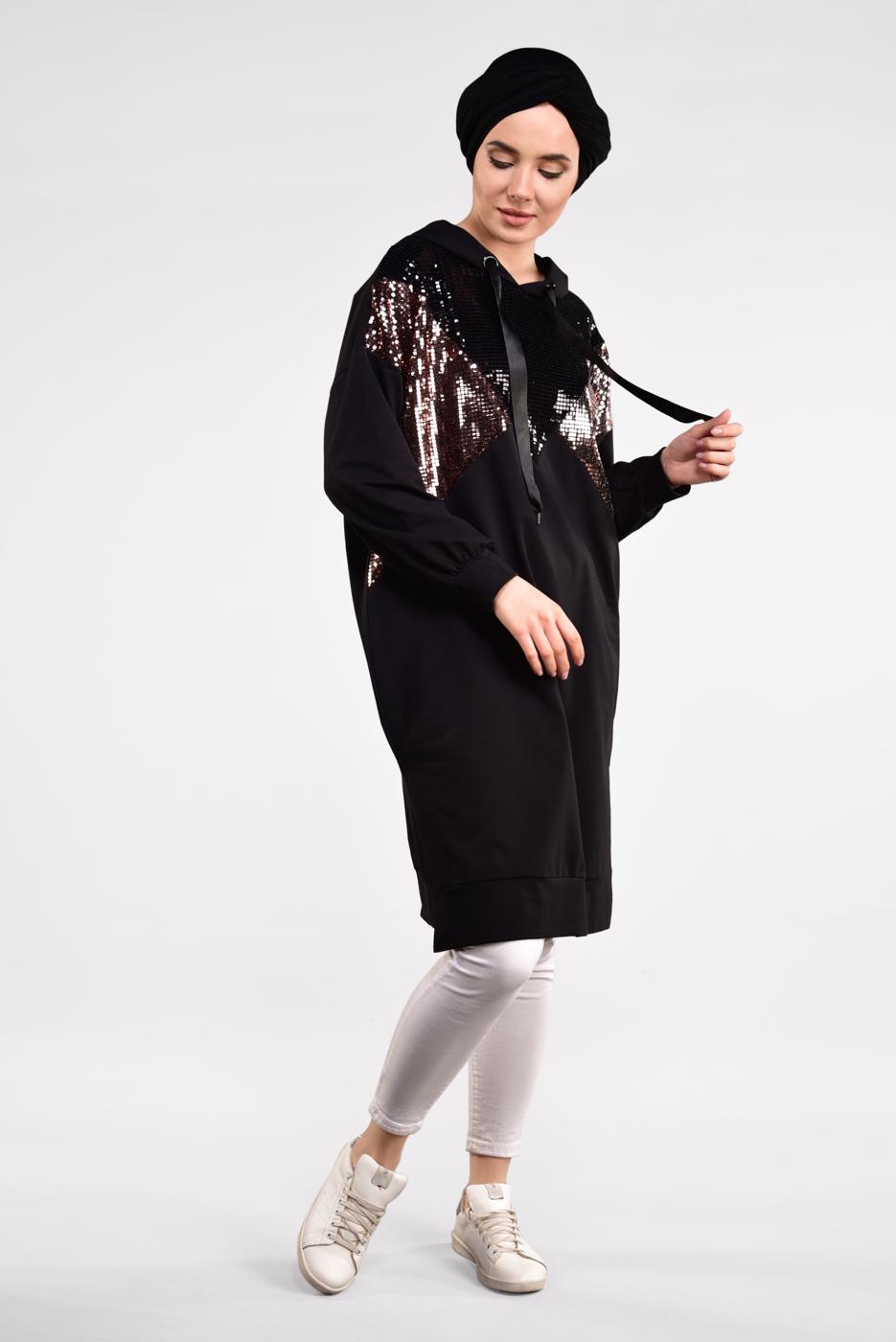 Tesettür giyim SİYAH PUL PAYETLİ KAPÜŞONLU TUNİK 47291