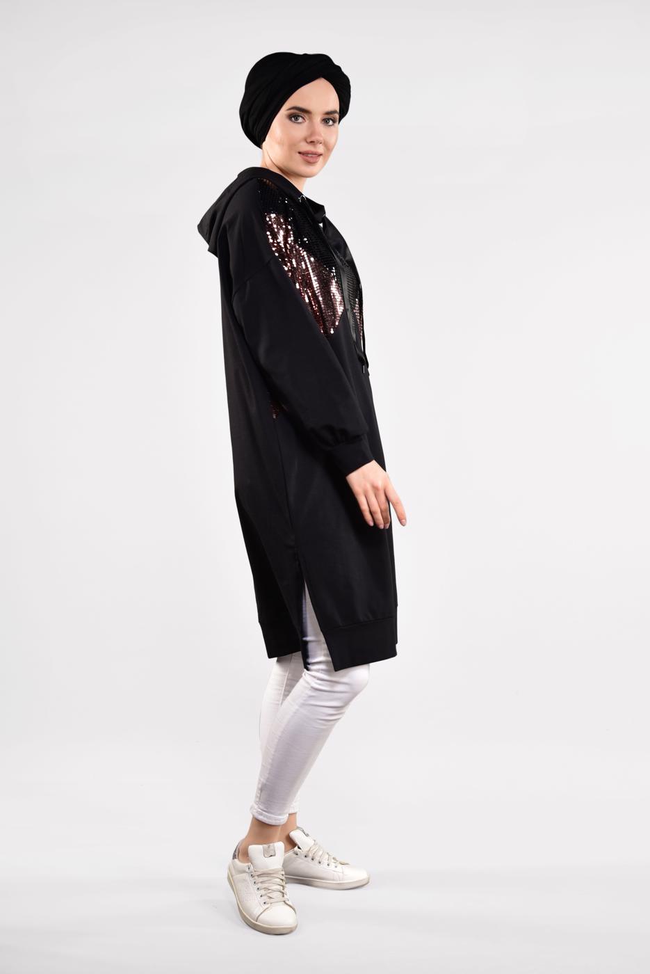 Tesettür giyim SİYAH PUL PAYETLİ KAPÜŞONLU TUNİK 47291