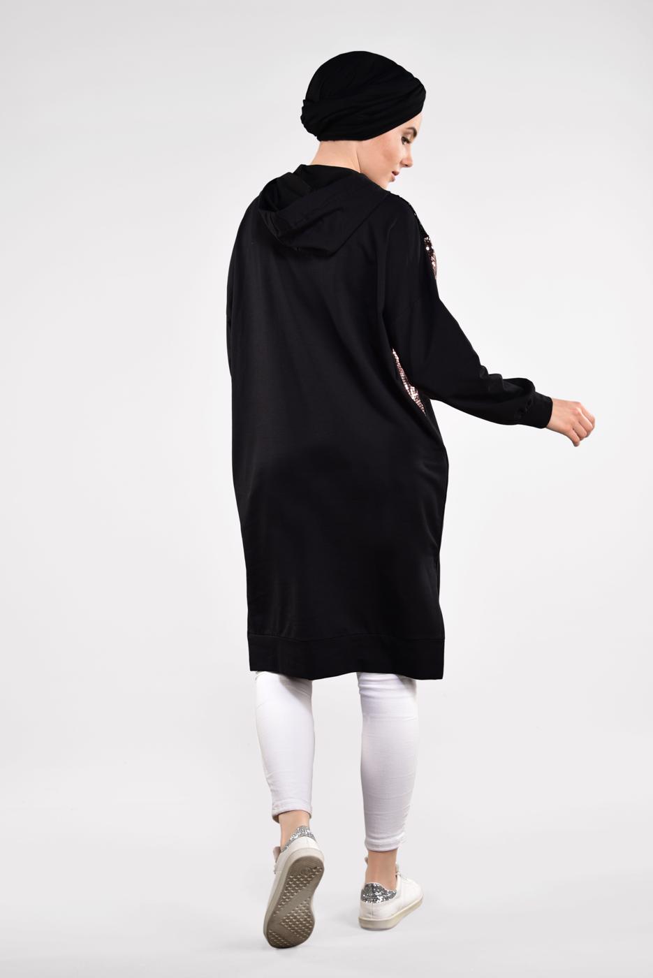 Tesettür giyim SİYAH PUL PAYETLİ KAPÜŞONLU TUNİK 47291