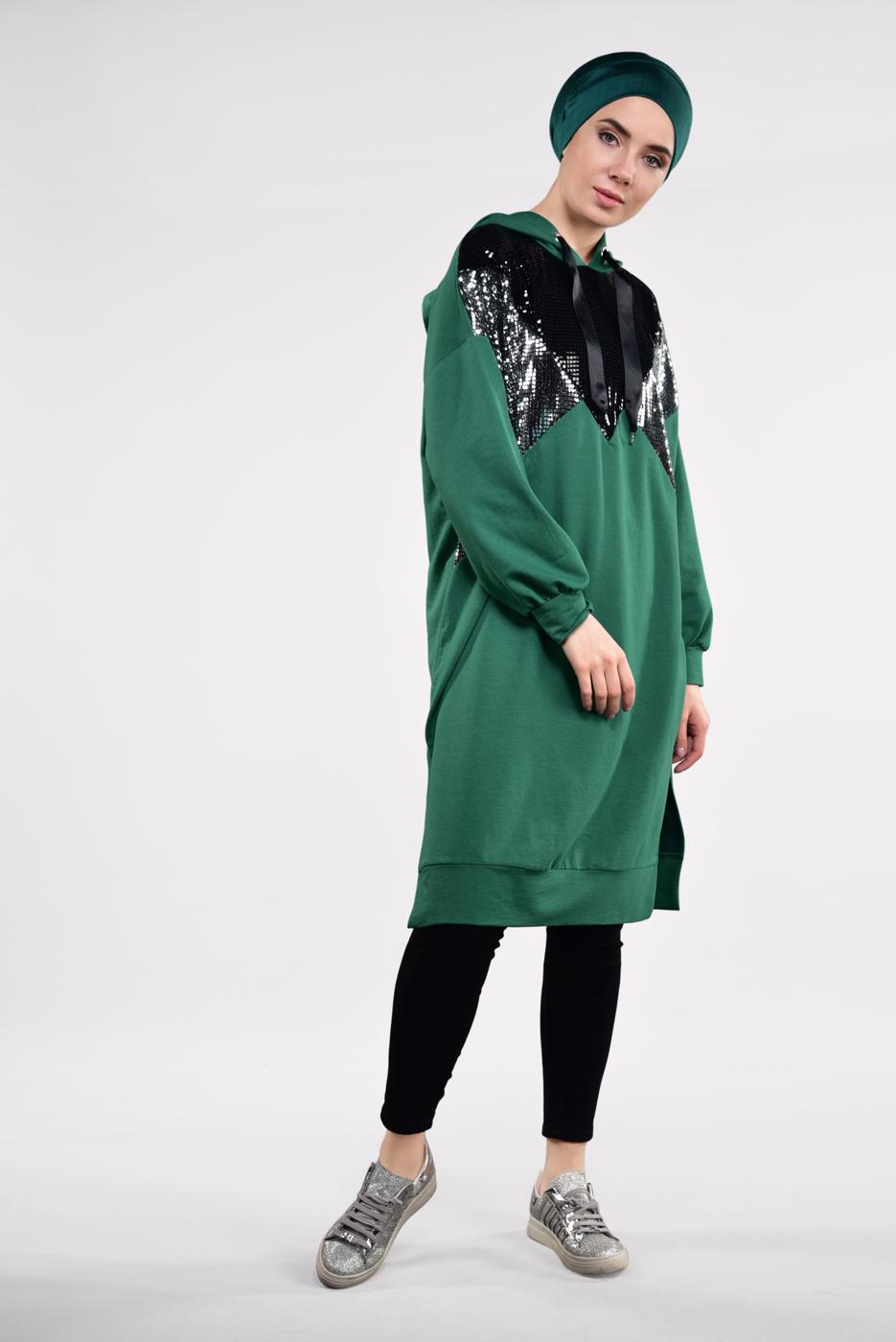 Tesettür giyim YEŞİL PUL PAYETLİ KAPÜŞONLU TUNİK 47291