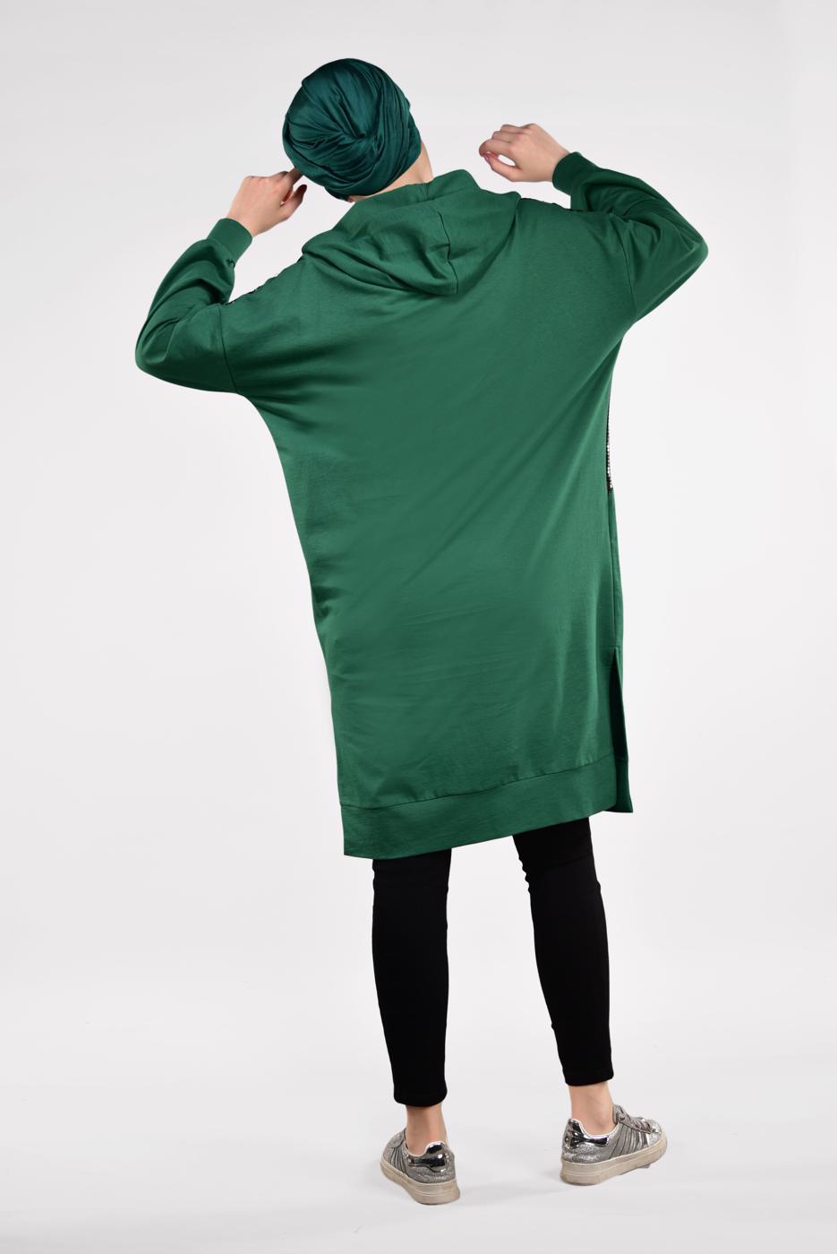 Tesettür giyim YEŞİL PUL PAYETLİ KAPÜŞONLU TUNİK 47291