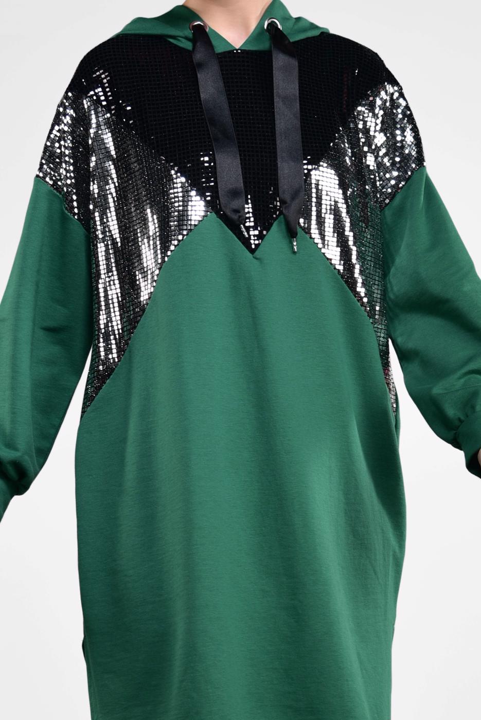 Tesettür giyim YEŞİL PUL PAYETLİ KAPÜŞONLU TUNİK 47291