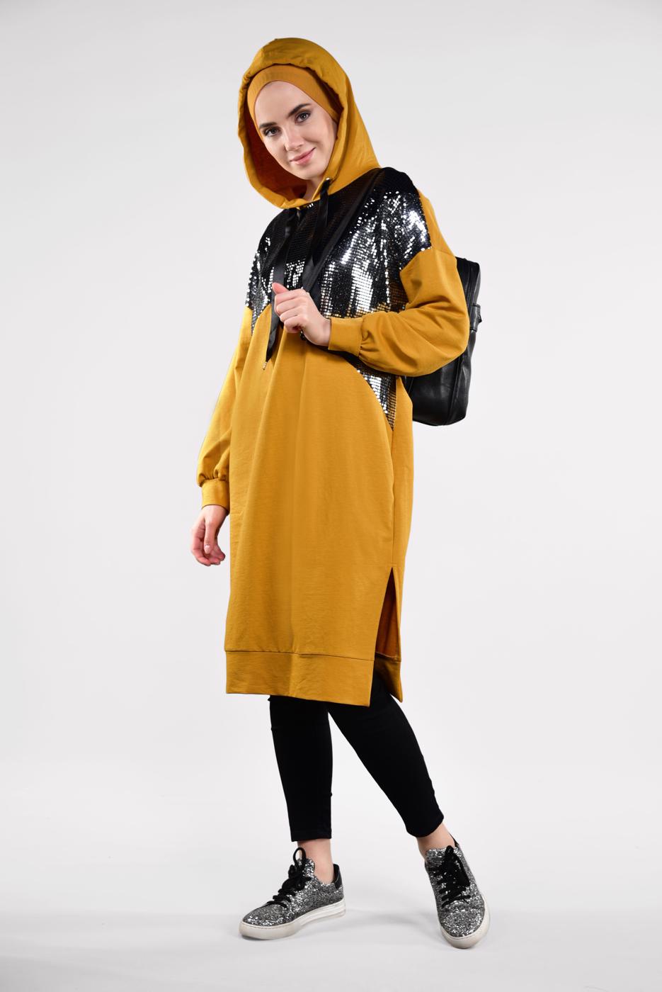 Tesettür giyim TURUNCU PUL PAYETLİ KAPÜŞONLU TUNİK 47291