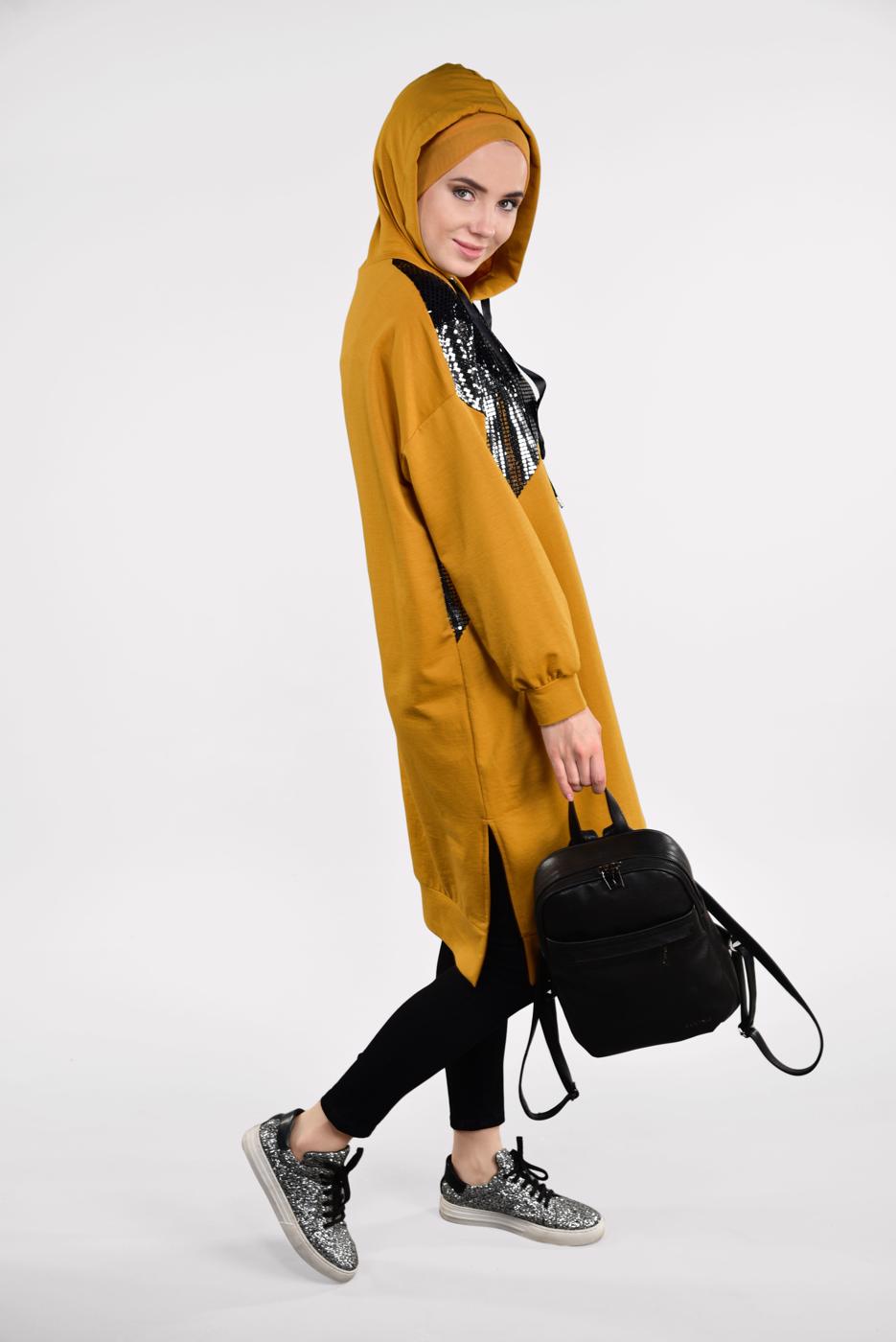 Tesettür giyim TURUNCU PUL PAYETLİ KAPÜŞONLU TUNİK 47291