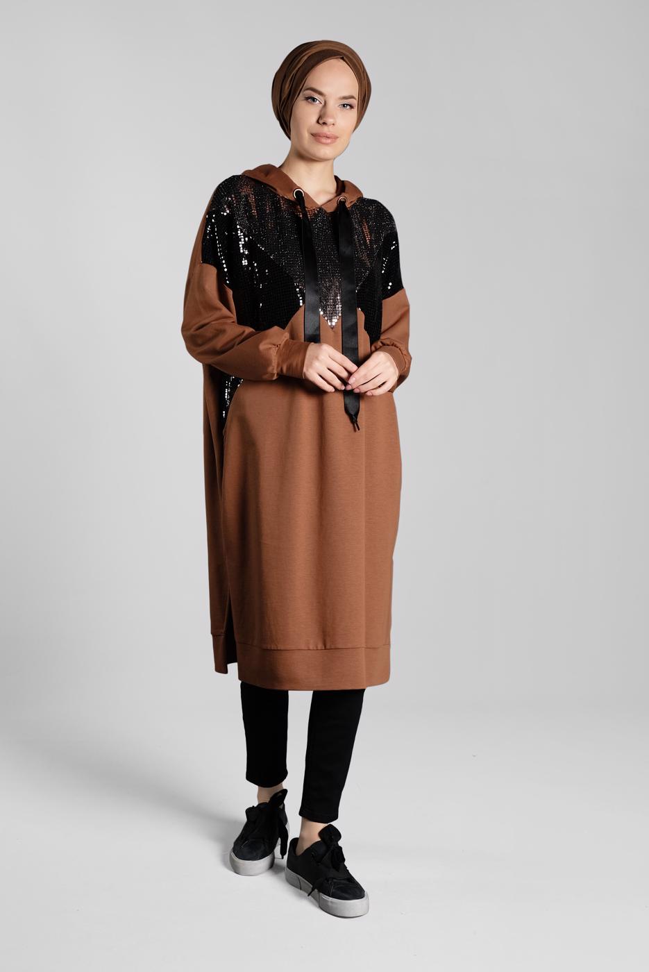 Tesettür giyim TABA PUL PAYETLİ KAPÜŞONLU TUNİK 47291
