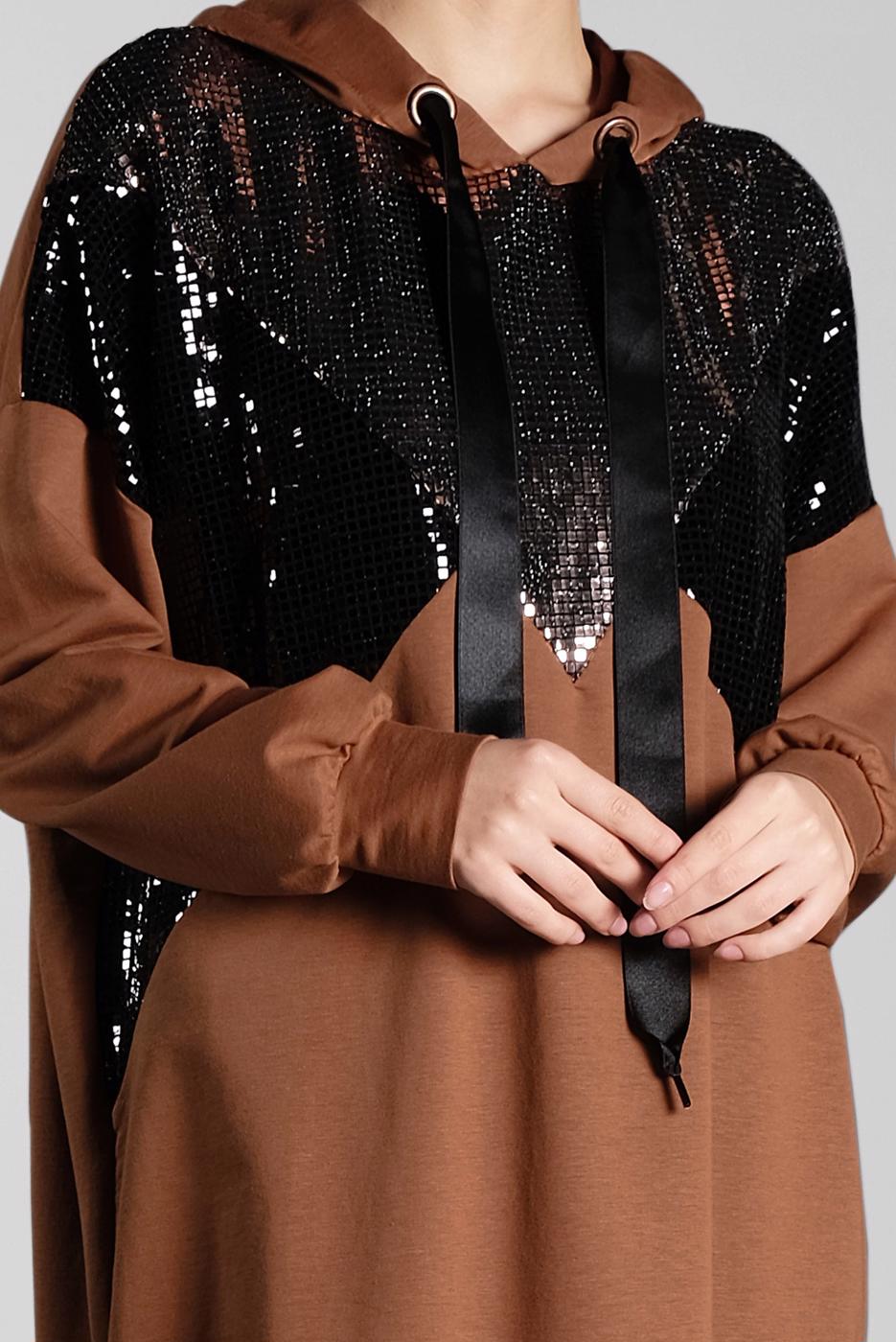 Tesettür giyim TABA PUL PAYETLİ KAPÜŞONLU TUNİK 47291