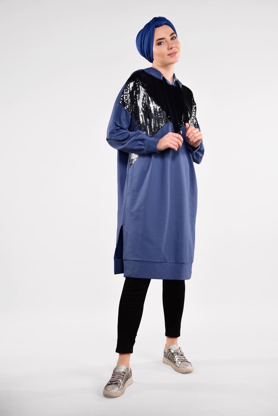 Tesettür giyim LACİVERT PUL PAYETLİ KAPÜŞONLU TUNİK 47291