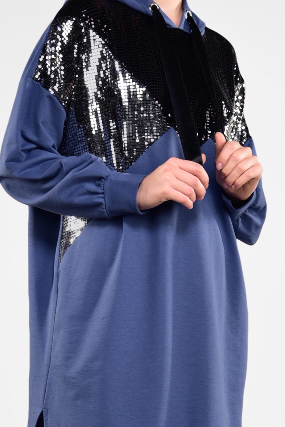 Tesettür giyim LACİVERT PUL PAYETLİ KAPÜŞONLU TUNİK 47291
