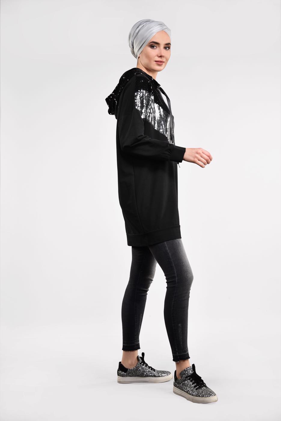 Tesettür giyim SİYAH KAPÜŞONLU PAMUKLU EŞOFMAN TUNİK 57291