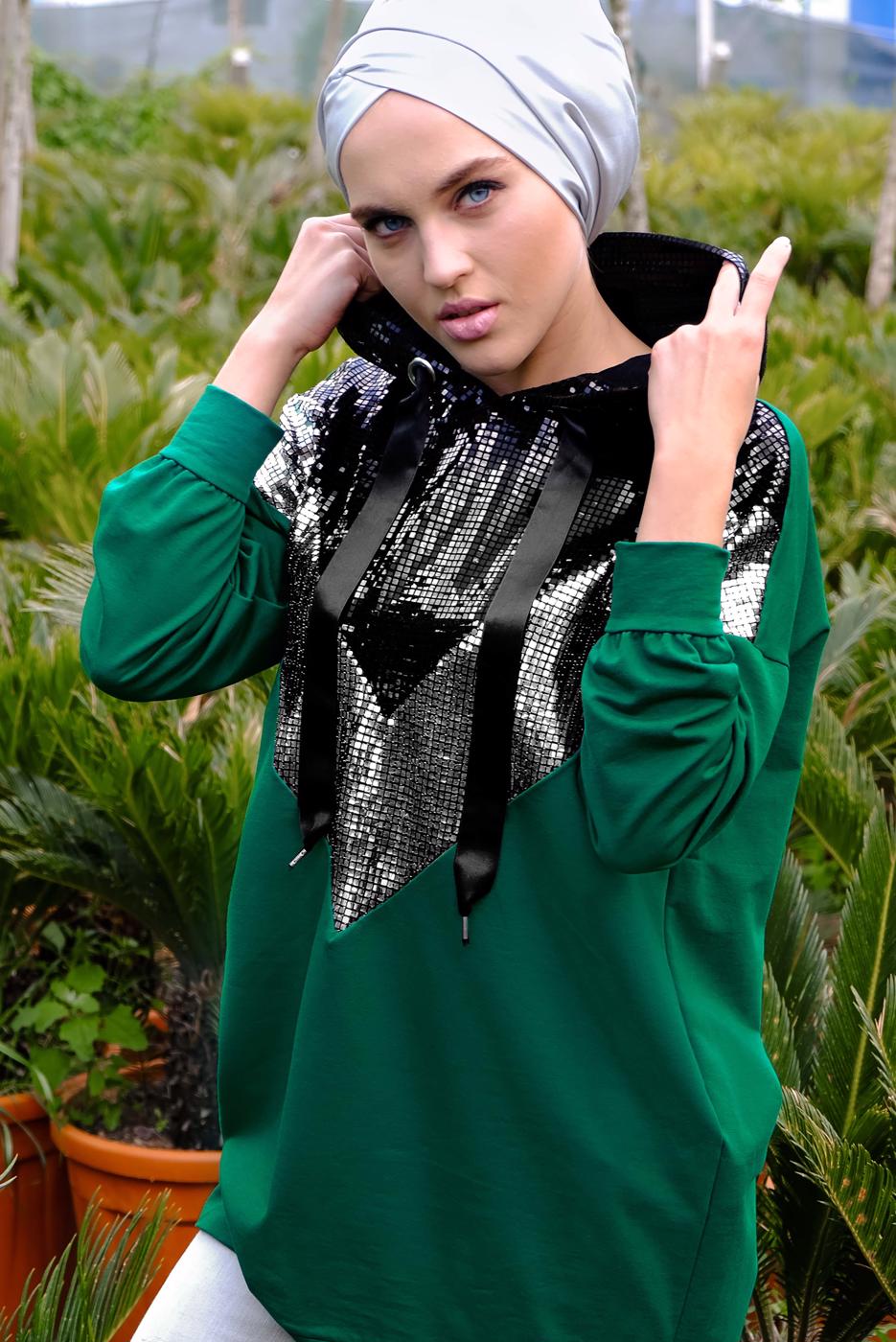 Tesettür giyim YEŞİL KAPÜŞONLU PAMUKLU EŞOFMAN TUNİK 57291