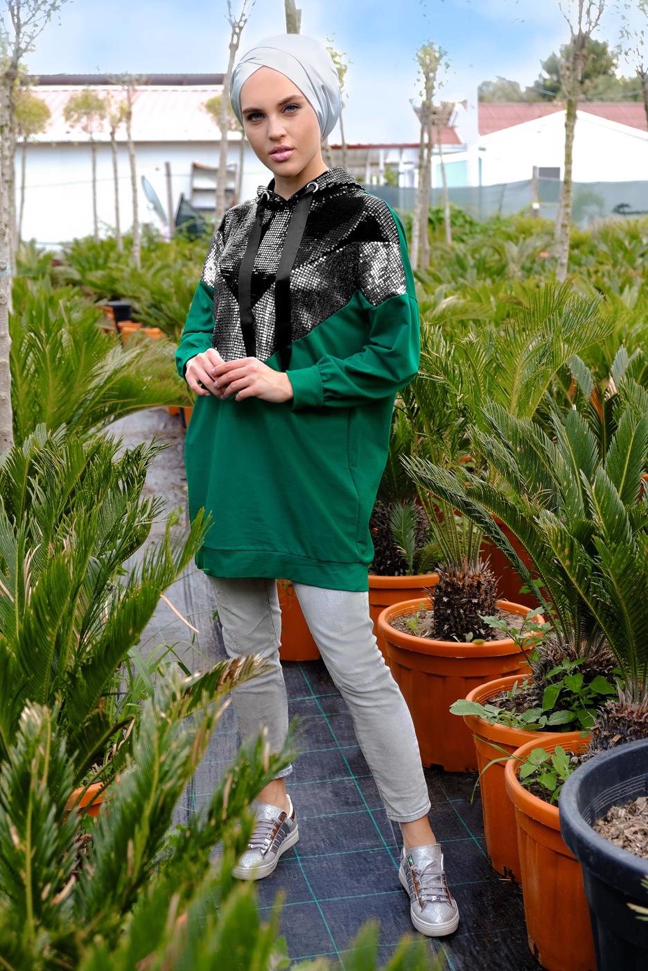 Tesettür giyim YEŞİL KAPÜŞONLU PAMUKLU EŞOFMAN TUNİK 57291