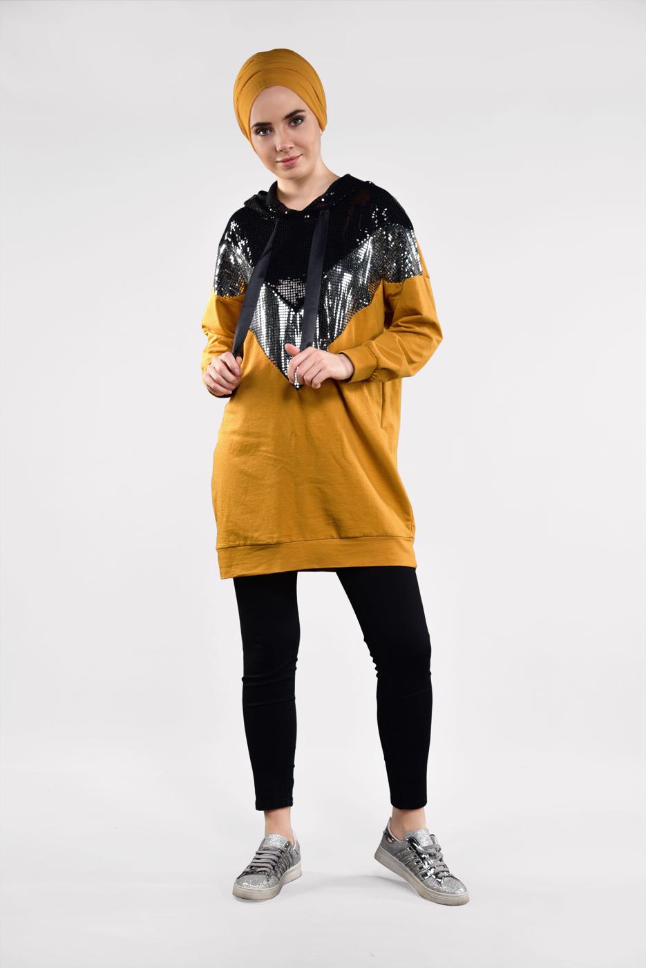 Tesettür giyim TURUNCU KAPÜŞONLU PAMUKLU EŞOFMAN TUNİK 57291