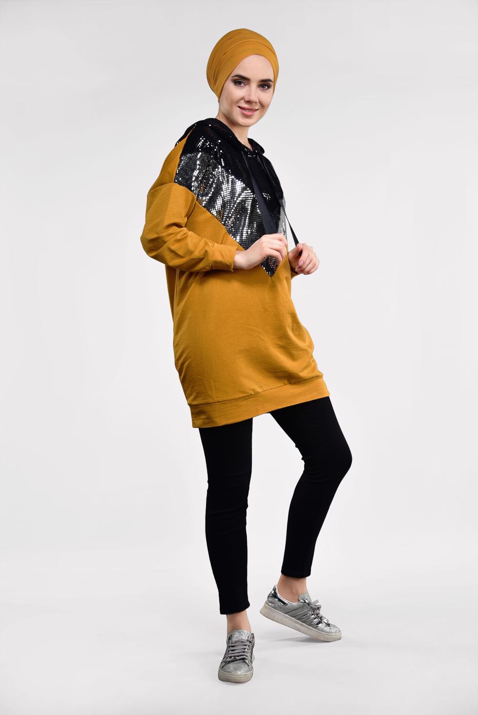 Tesettür giyim TURUNCU KAPÜŞONLU PAMUKLU EŞOFMAN TUNİK 57291