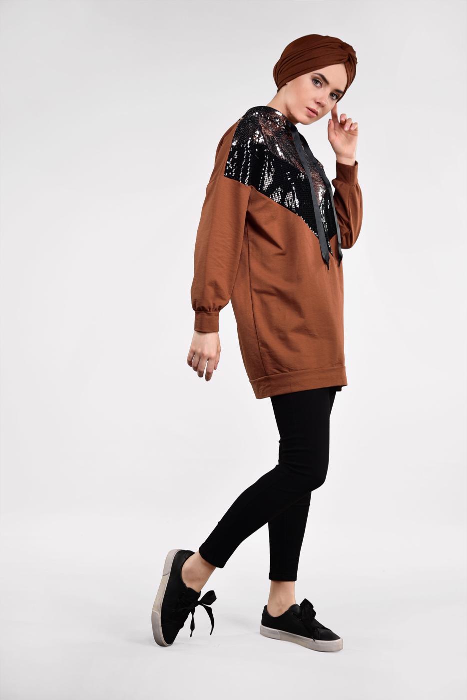 Tesettür giyim TABA KAPÜŞONLU PAMUKLU EŞOFMAN TUNİK 57291