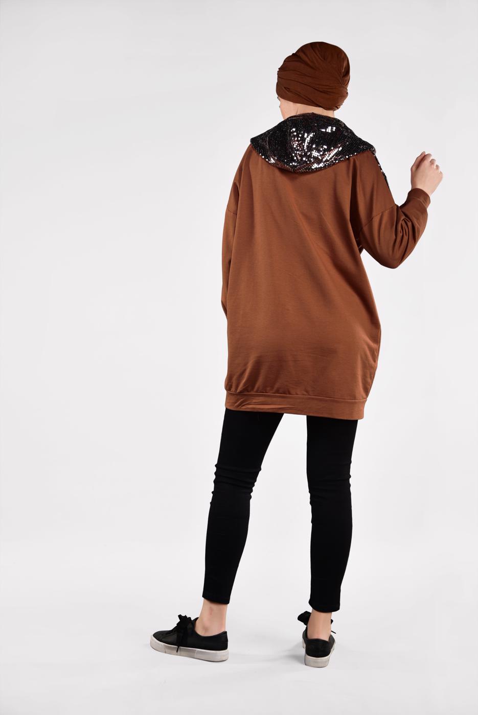 Tesettür giyim TABA KAPÜŞONLU PAMUKLU EŞOFMAN TUNİK 57291