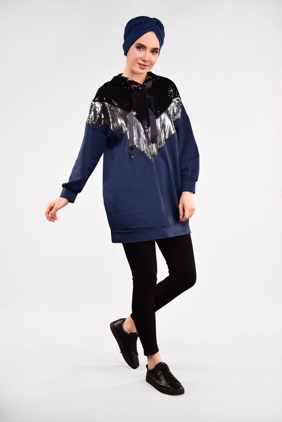 Tesettür giyim LACİVERT KAPÜŞONLU PAMUKLU EŞOFMAN TUNİK 57291