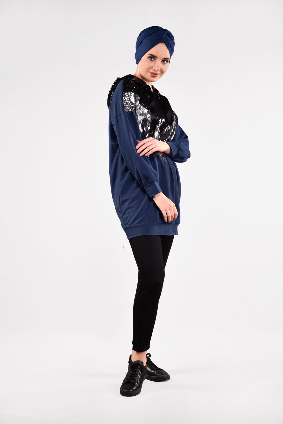 Tesettür giyim LACİVERT KAPÜŞONLU PAMUKLU EŞOFMAN TUNİK 57291