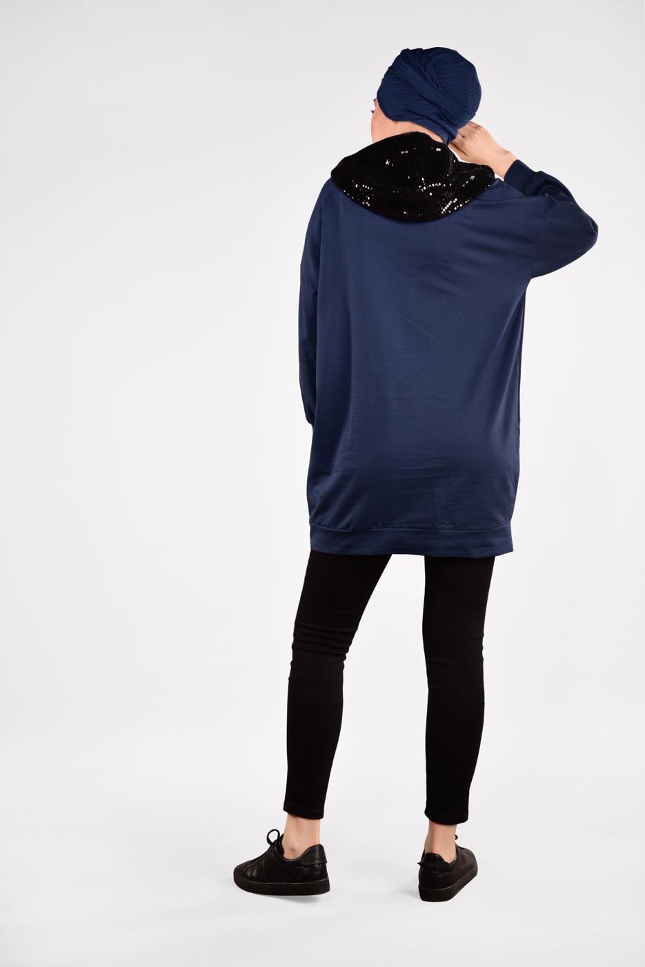Tesettür giyim LACİVERT KAPÜŞONLU PAMUKLU EŞOFMAN TUNİK 57291