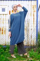 Tesettür giyim LACİVERT YILAN DERİSİ DETAYLI YARASA KOL TUNİK 65191