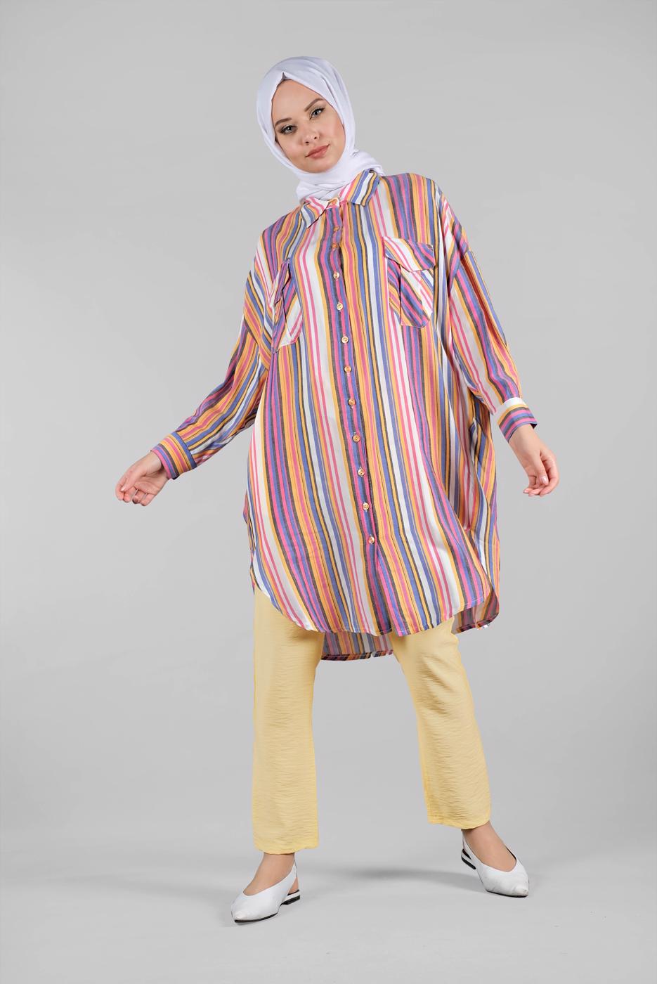 Hijab clothing PINK Colourful Striped Tunic T 0971 