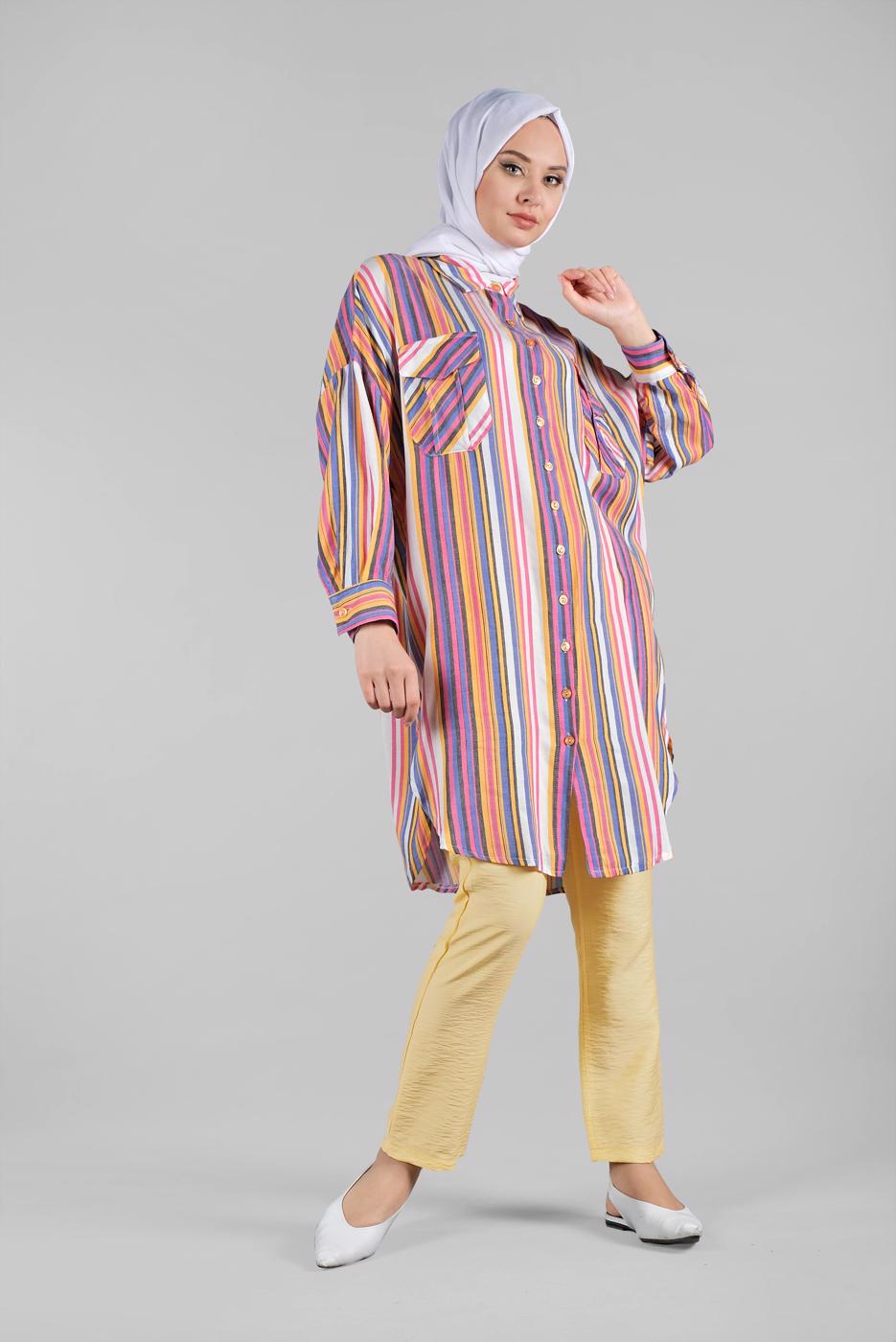 Hijab clothing PINK Colourful Striped Tunic T 0971 