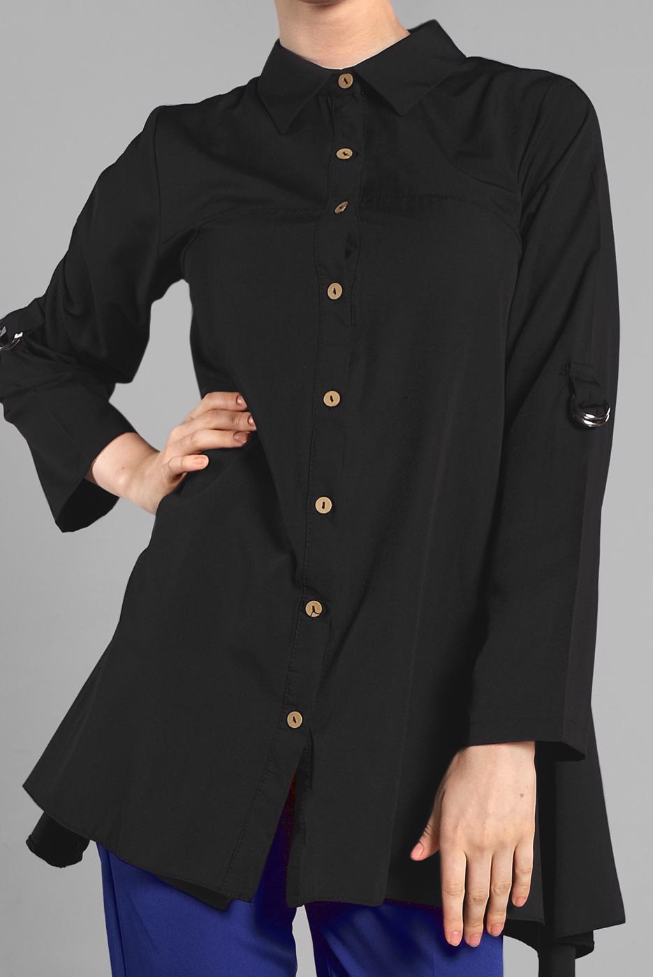Hijab clothing BLACK Button Detail Cotton Tunic T 1912 