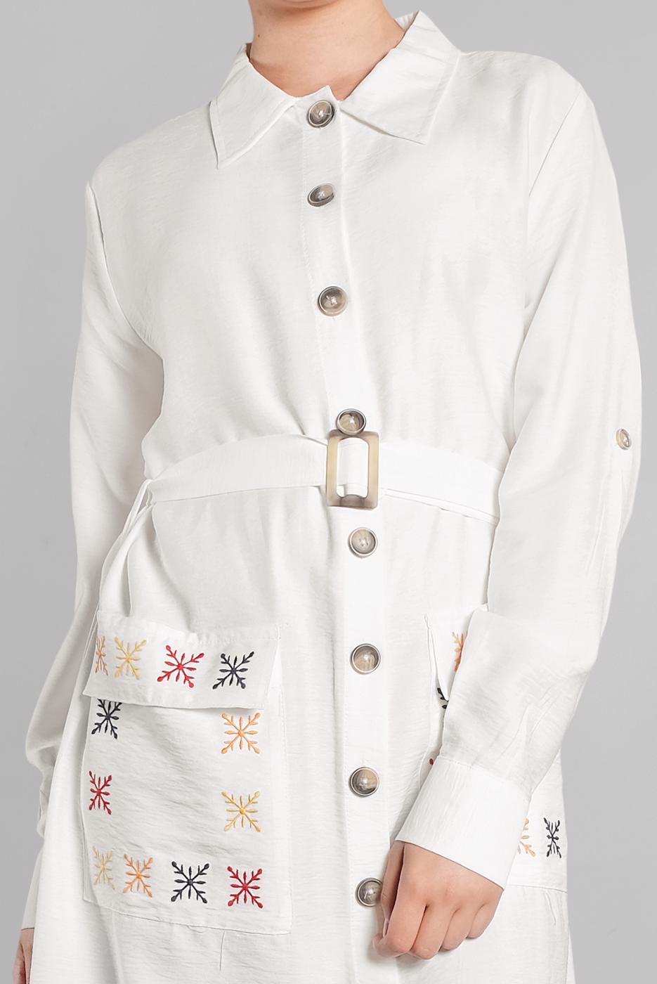 Hijab clothing CREAM Pocket Embroidered Detail Buttoned Tunic T 3234 