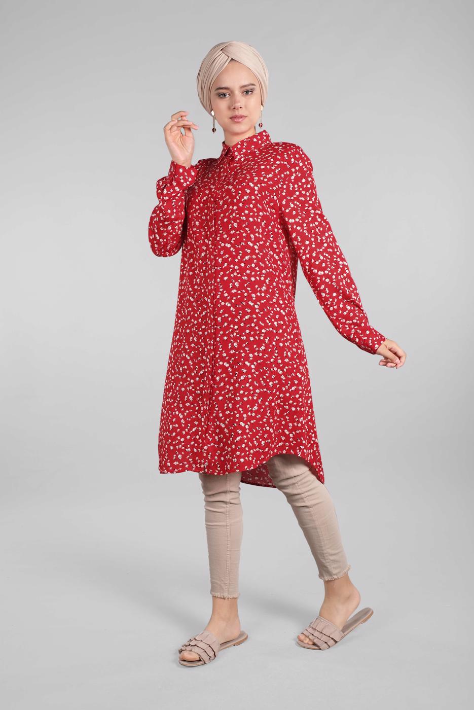 Hijab clothing RED Floral Hidden Button Tunic T 4804-3 