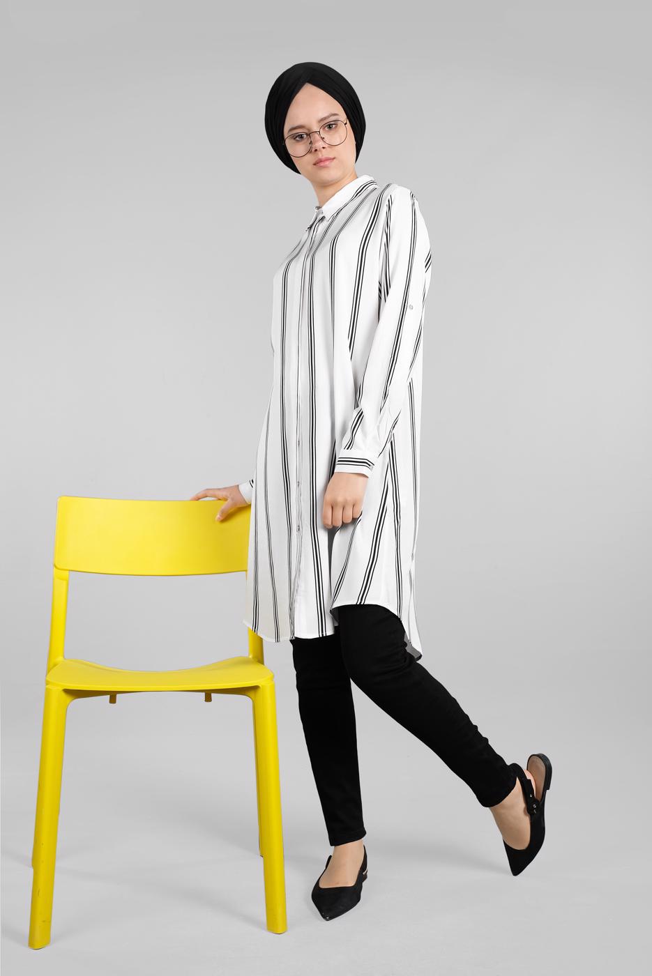 Hijab clothing ECRU Striped Hidden Button Tunic T 4804-3 