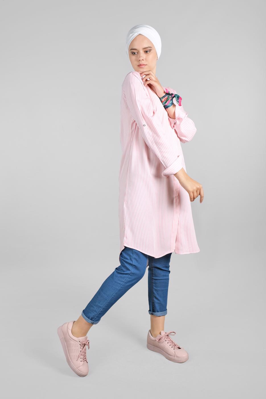 Hijab clothing PINK Striped Hidden Button Tunic T 4804-3 