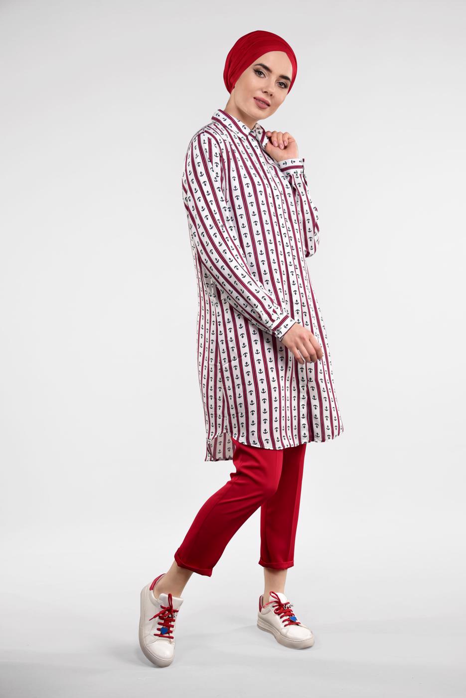 Tesettür giyim EKRU ÇAPA VE ÇİZGİ DESENLİ TUNİK 9314-1