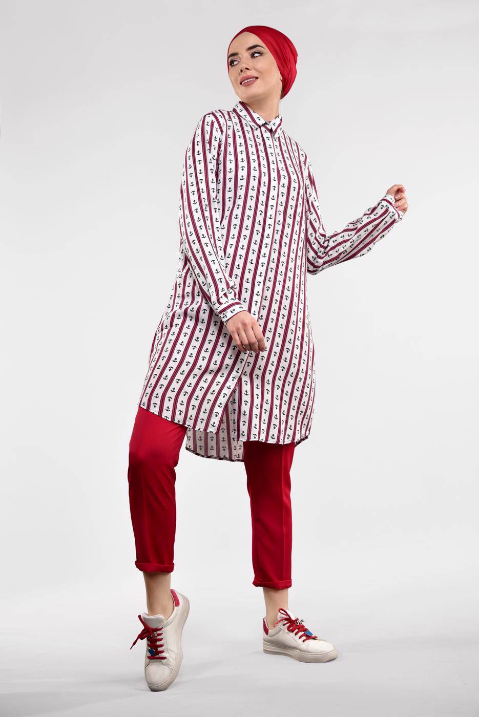 Tesettür giyim EKRU ÇAPA VE ÇİZGİ DESENLİ TUNİK 9314-1