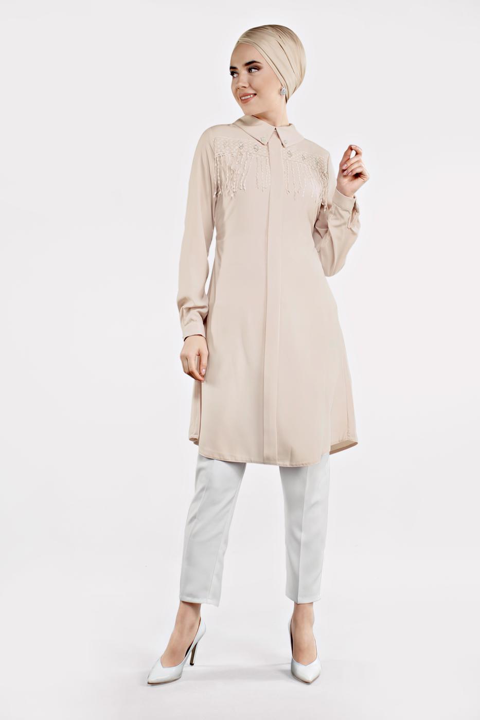 Tesettür giyim PUDRA PÜSKÜL DETAYLI TUNİK 01791
