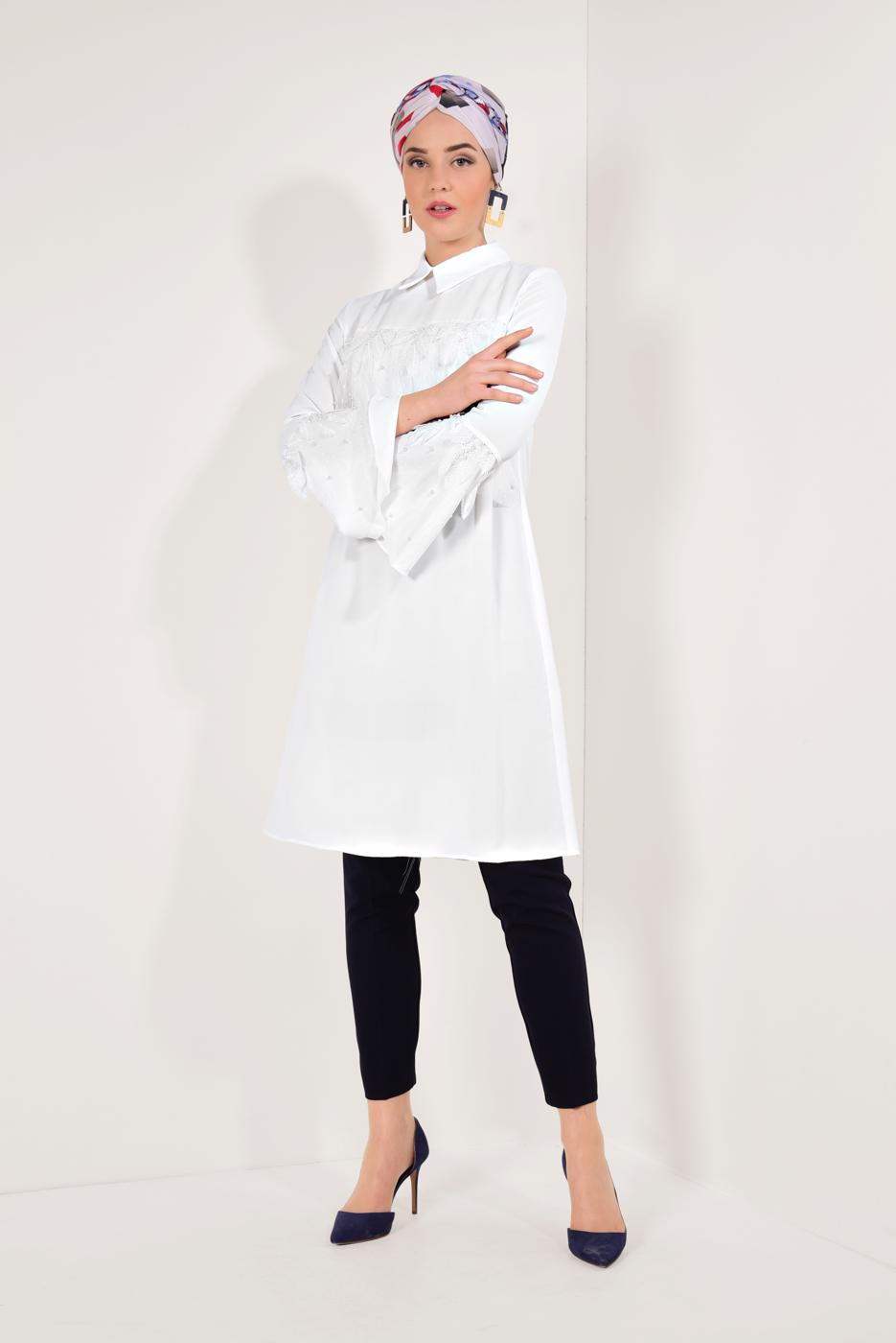 Tesettür giyim EKRU KOLLARI VOLANLI UZUN TUNİK T 03281