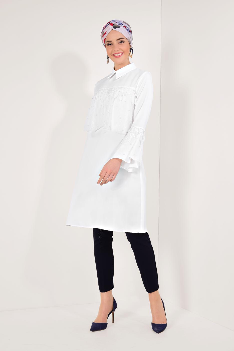 Tesettür giyim EKRU KOLLARI VOLANLI UZUN TUNİK T 03281