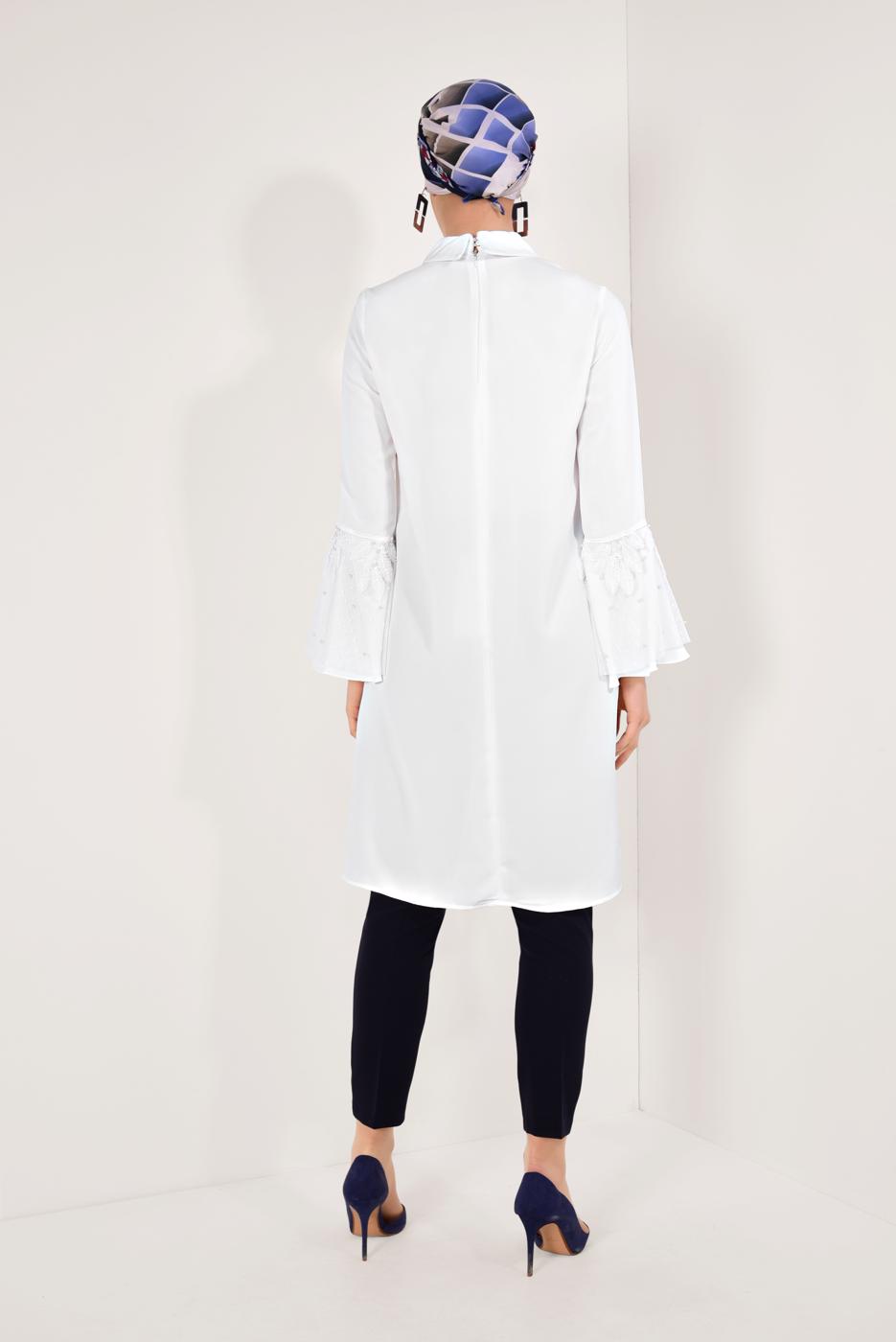 Tesettür giyim EKRU KOLLARI VOLANLI UZUN TUNİK T 03281