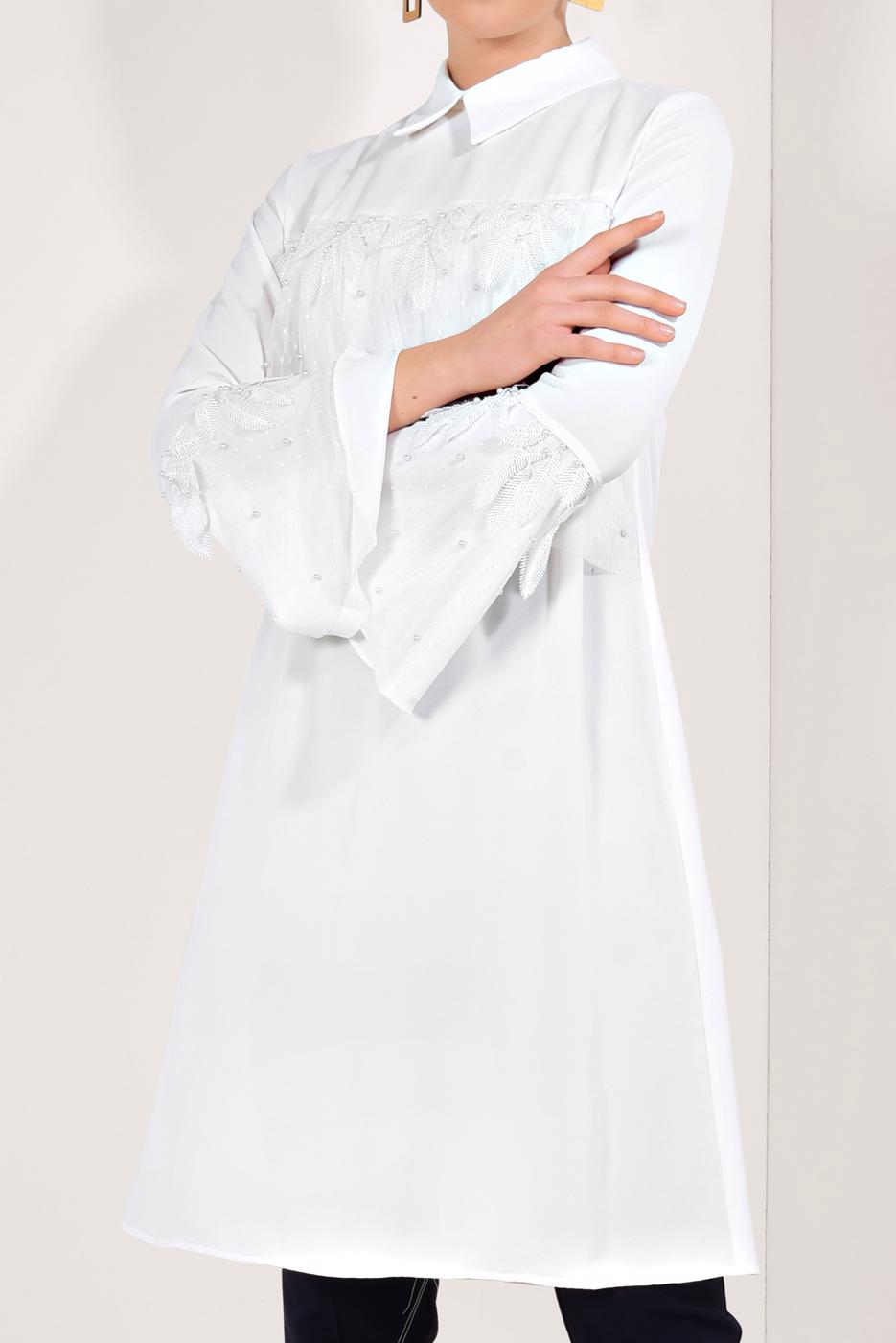 Tesettür giyim EKRU KOLLARI VOLANLI UZUN TUNİK T 03281