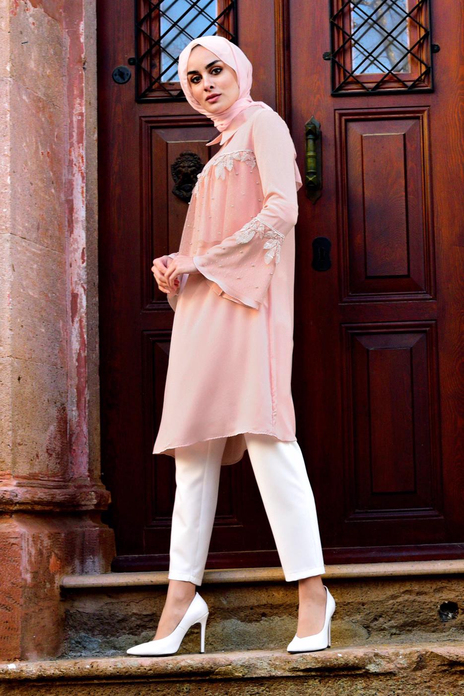 Tesettür giyim PUDRA KOLLARI VOLANLI UZUN TUNİK T 03281