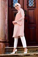 Tesettür giyim PUDRA KOLLARI VOLANLI UZUN TUNİK T 03281