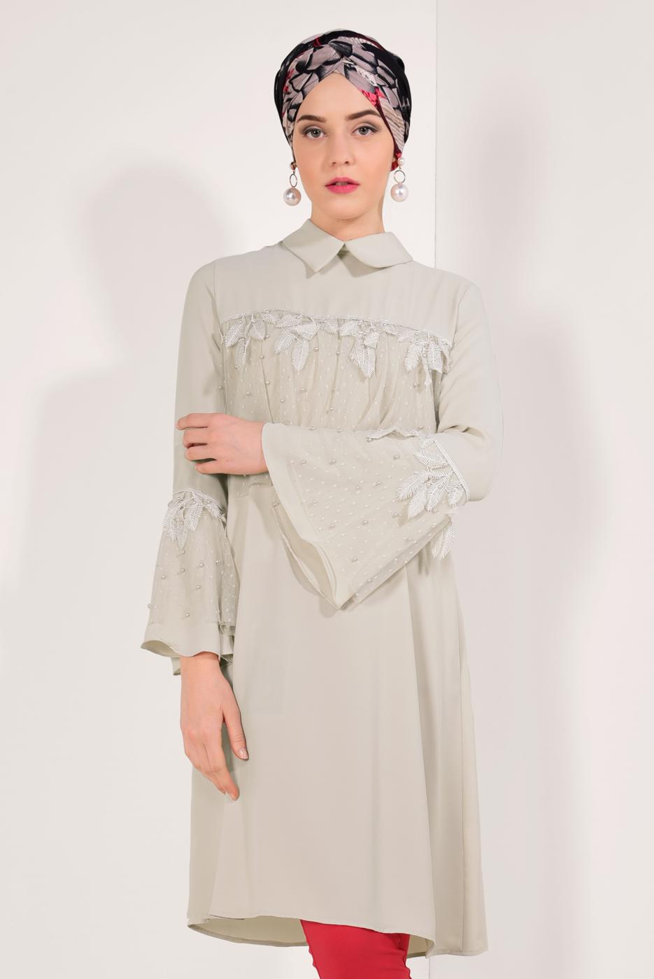 Tesettür giyim BEJ KOLLARI VOLANLI UZUN TUNİK T 03281