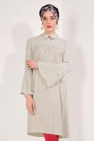 Tesettür giyim BEJ KOLLARI VOLANLI UZUN TUNİK T 03281