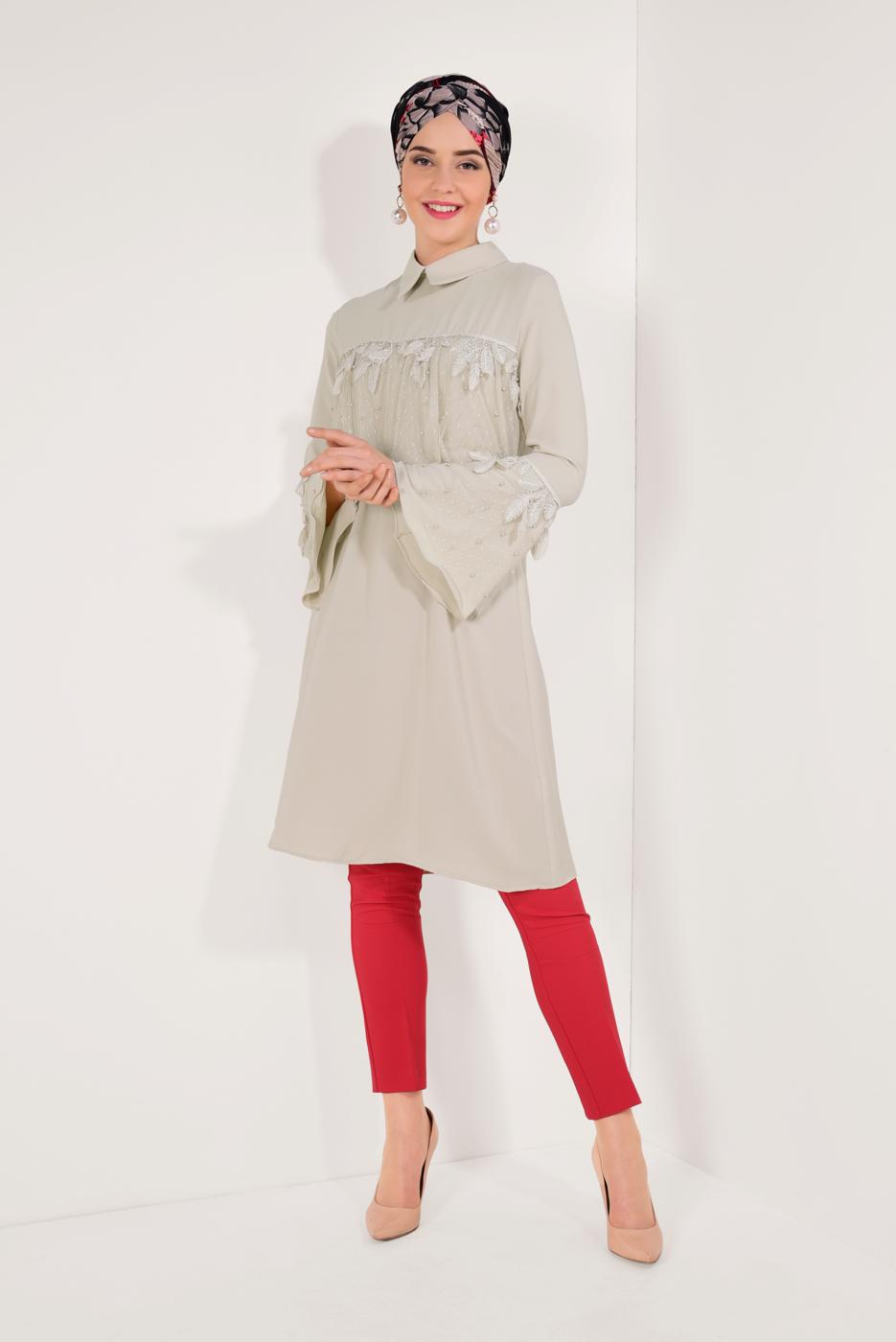 Tesettür giyim BEJ KOLLARI VOLANLI UZUN TUNİK T 03281