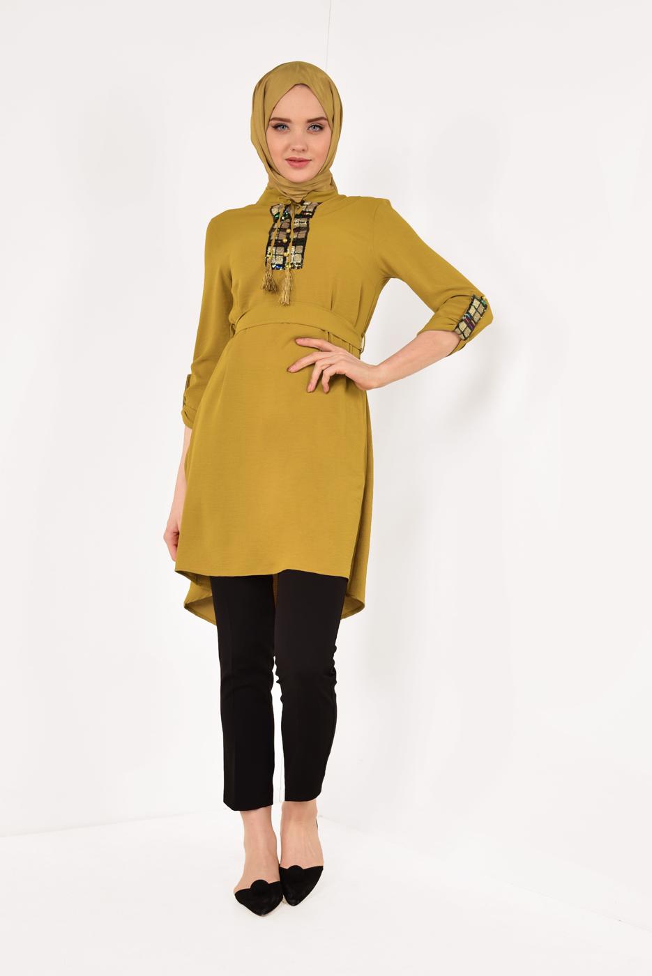 Tesettür giyim TURUNCU HAKİM YAKA ASİMETRİK TUNİK T 07091