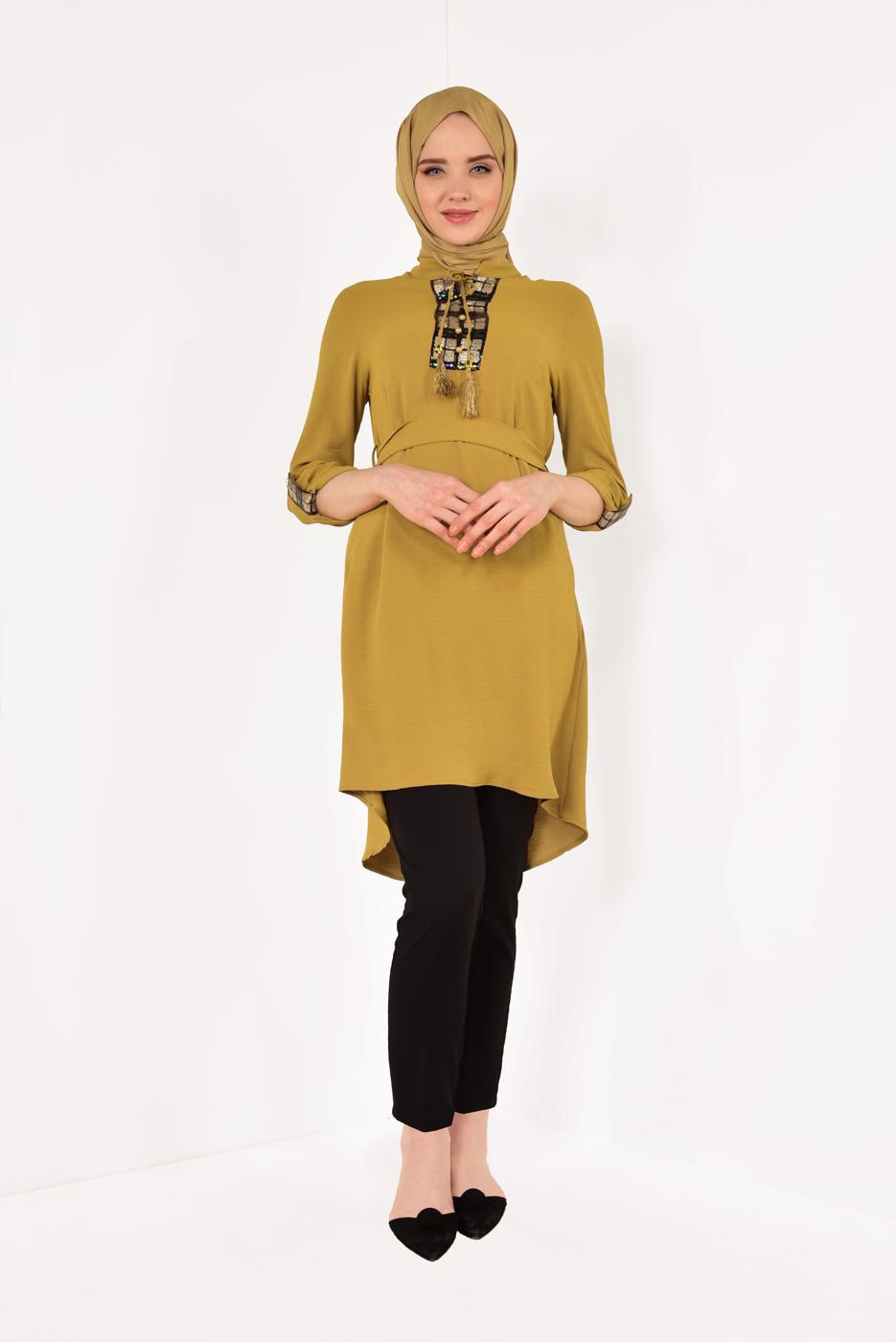 Tesettür giyim TURUNCU HAKİM YAKA ASİMETRİK TUNİK T 07091