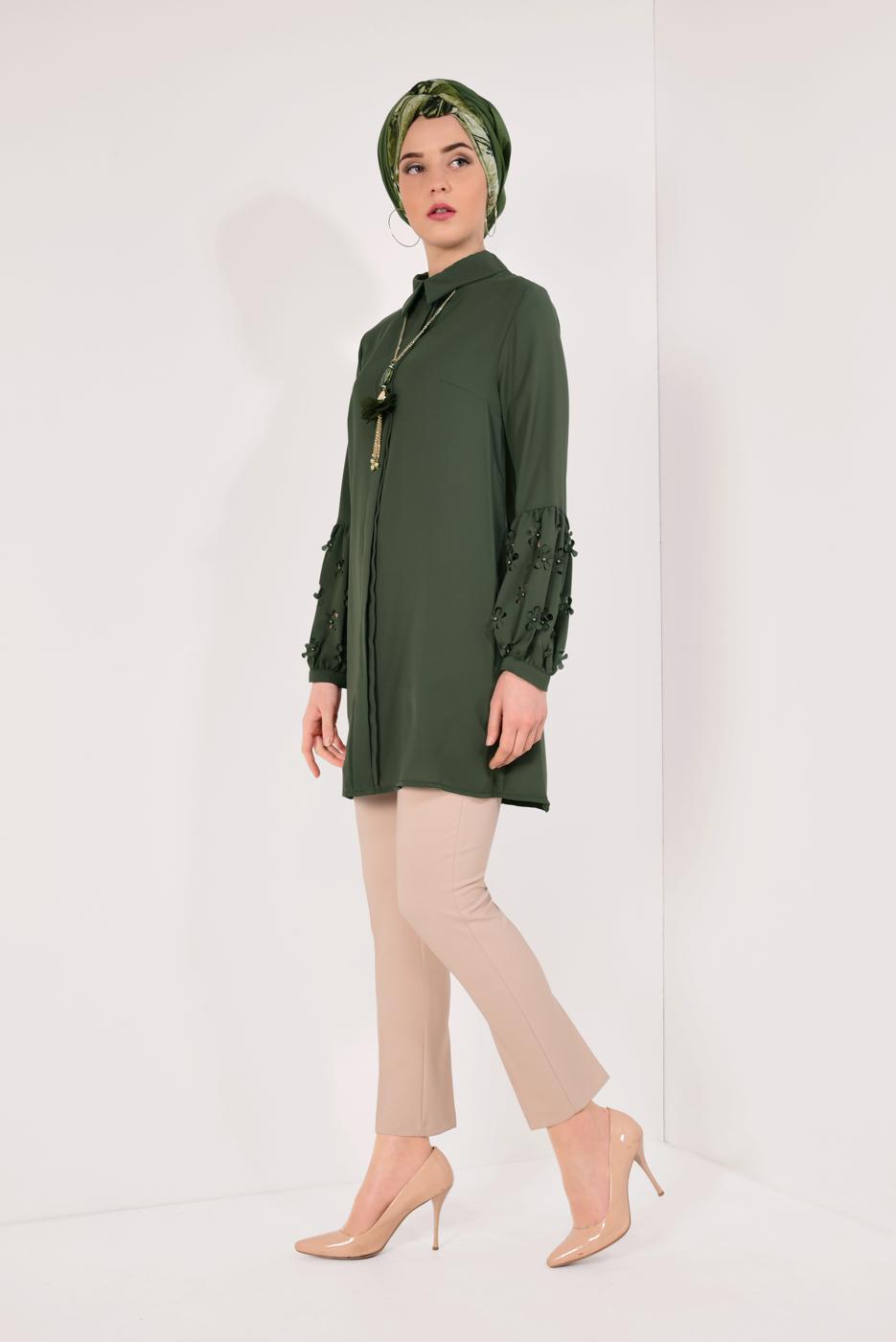 Tesettür giyim HAKİ BONCUK DETAYLI ŞİFON TUNİK T 15181