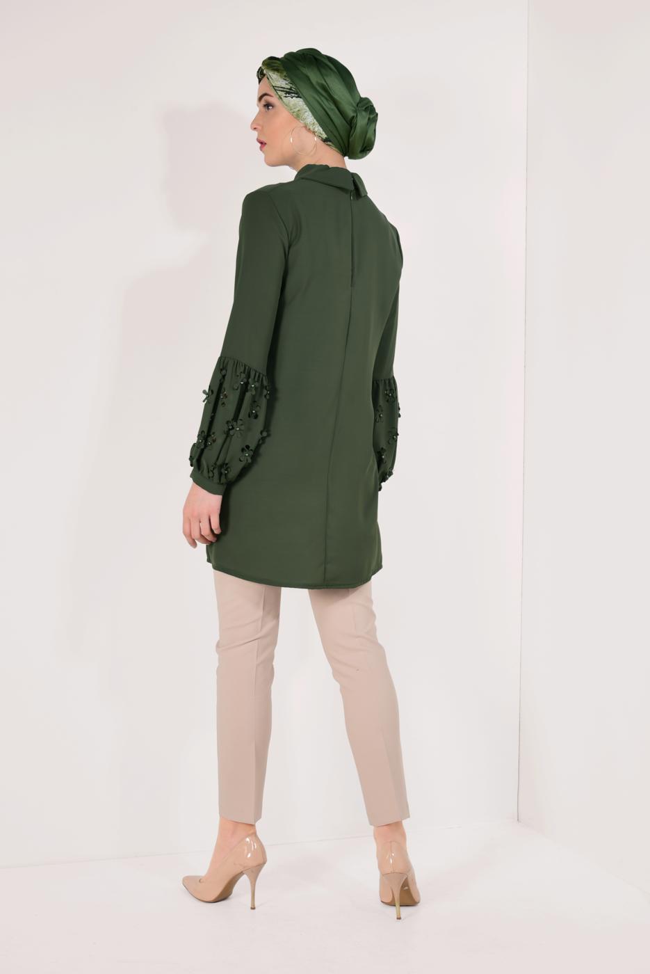 Tesettür giyim HAKİ BONCUK DETAYLI ŞİFON TUNİK T 15181