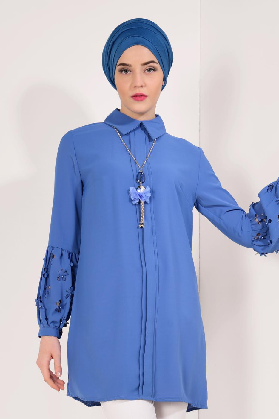Tesettür giyim LACİVERT BONCUK DETAYLI ŞİFON TUNİK T 15181