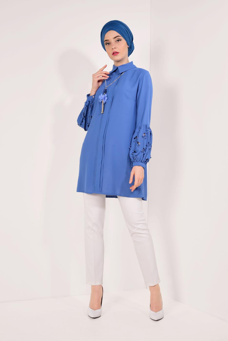 Tesettür giyim LACİVERT BONCUK DETAYLI ŞİFON TUNİK T 15181
